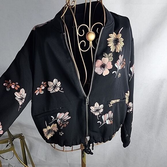 Floral Drawstring Zippered Bomber Jacket Lightweight Size S - Picture 1 of 12